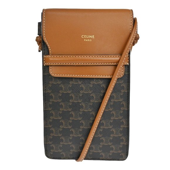 CELINE Logo Triomphe Canvas Phone Pouch Mini Shoulder Bag Leather Brown 28RJ194 - Picture 1 of 12